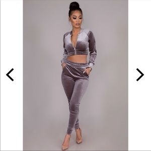 Velour 2 pc sweatsuit set taupe color